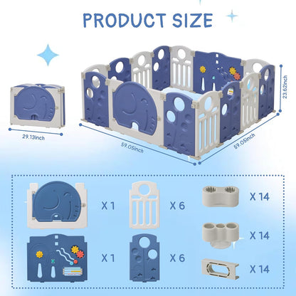 Baby Playpen, 14-Panel Foldable Play Pen for Babies and Toddlers, Indoor Outdoor Baby Fence with Sensory Play Panel, Adjustable Shape Activity Play Center, Portable & Easy Assemble