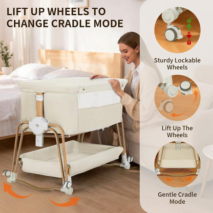 suihuooo 4-in-1 Baby Bassinet, Portable Bassinet Bedside Sleeper with Wheels and Storage Basket, 7 Height Adjustable Breathable Mesh Rocking Bassinet with Mosquito Net for Newborn-White