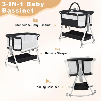 Baby Bassinet,3 in 1 Bedside Bassinet for Baby with Hanging Toys,Foldable Baby Bassinets Bedside Sleeper,4-Sided Mesh Bedside Crib with Wheels and Storage Basket,6 Height Adjustable (Light Grey)