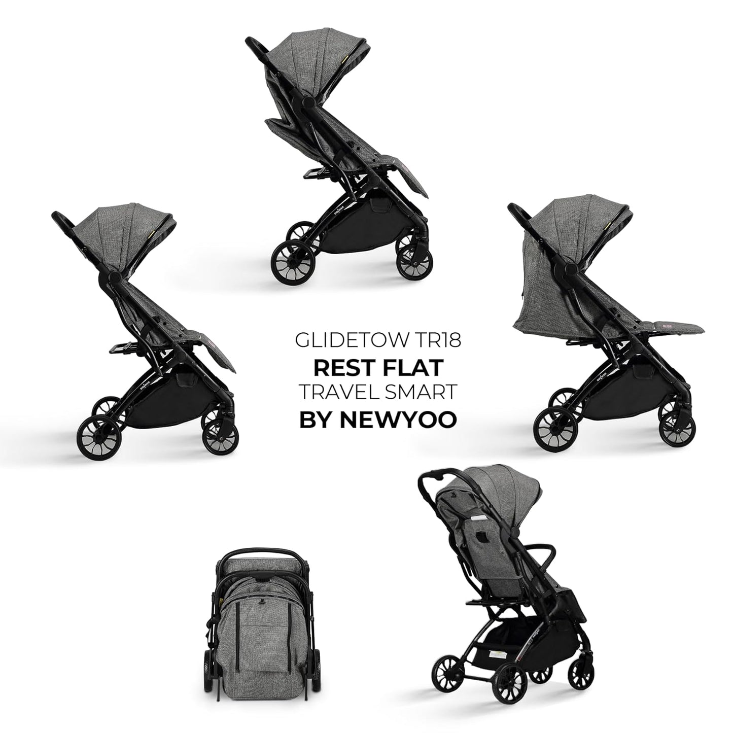 newyoo GlideTow TR18M Compact Travel Stroller for Infant, Lightweight Foldable Baby Stroller with Luggage Handle & Cup Holder, One-Hand Easy Fold, Near Lay Flat Recline Seat, Green