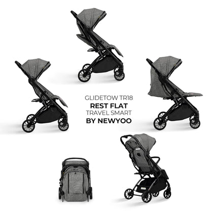 newyoo GlideTow TR18M Compact Travel Stroller for Infant, Lightweight Foldable Baby Stroller with Luggage Handle & Cup Holder, One-Hand Easy Fold, Near Lay Flat Recline Seat, Green