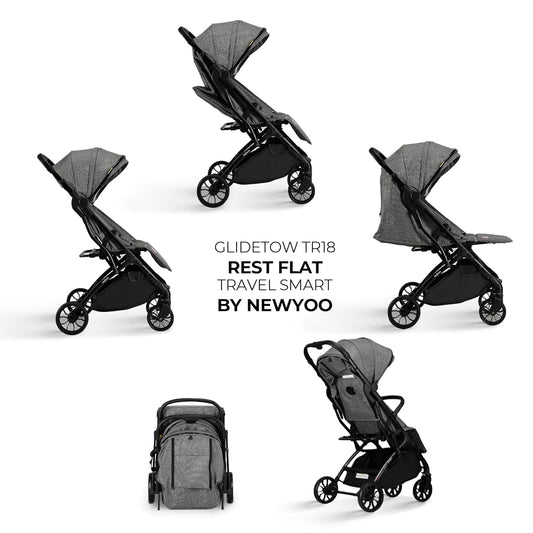 newyoo GlideTow TR18M Compact Travel Stroller for Infant, Lightweight Foldable Baby Stroller with Luggage Handle & Cup Holder, One-Hand Easy Fold, Near Lay Flat Recline Seat, Green