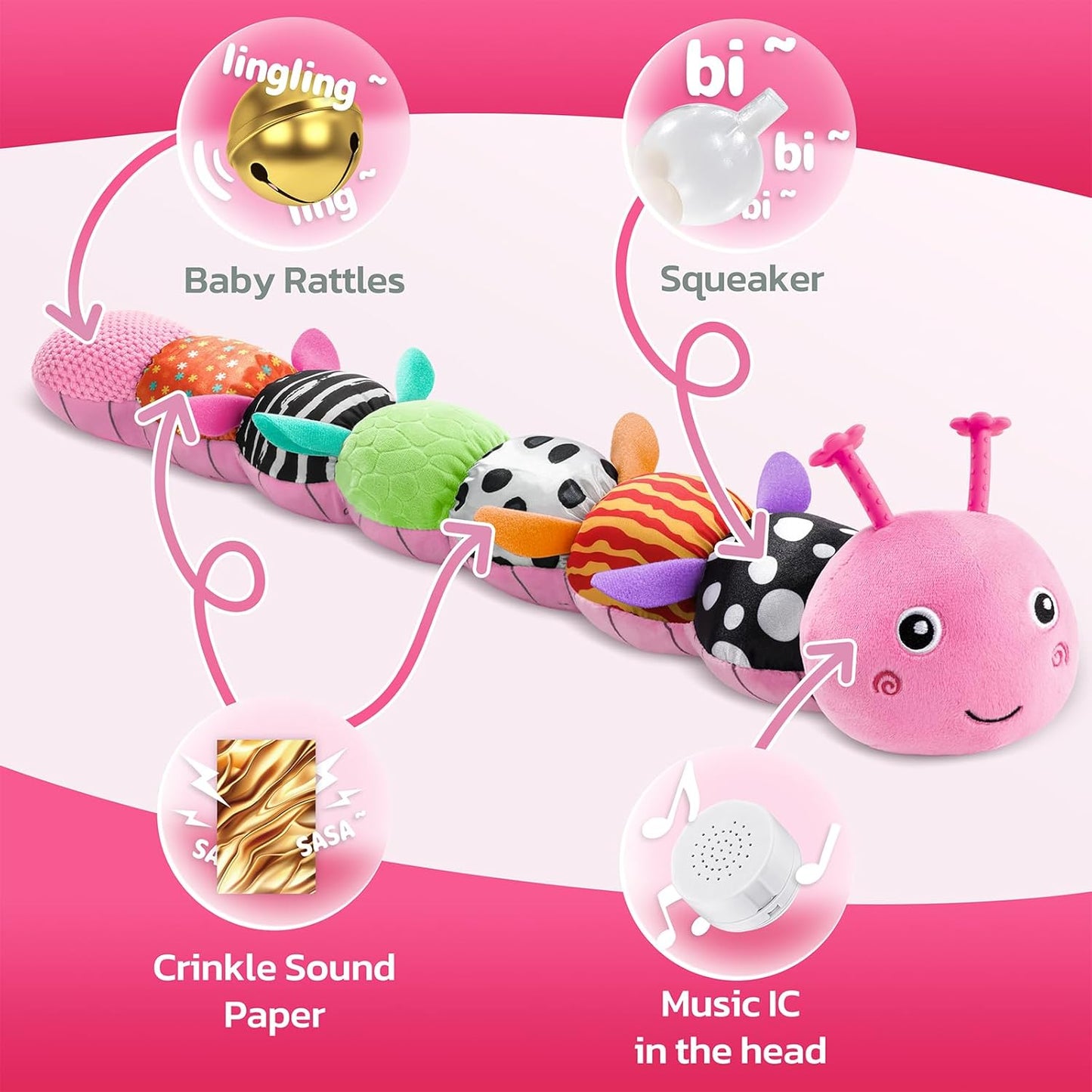 HEMRLY Baby Sensory Toy 0-6 Months, Musical Stuffed Caterpillar Plush with Teether, Crinkle, Rattle, Baby Mirror for Tummy Time, Infant Car Seat Toy for 0-3-6-12 Month Boys Girls Gifts - Knotted Green