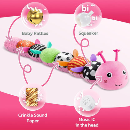 HEMRLY Baby Sensory Toy 0-6 Months, Musical Stuffed Caterpillar Plush with Teether, Crinkle, Rattle, Baby Mirror for Tummy Time, Infant Car Seat Toy for 0-3-6-12 Month Boys Girls Gifts - Knotted Green