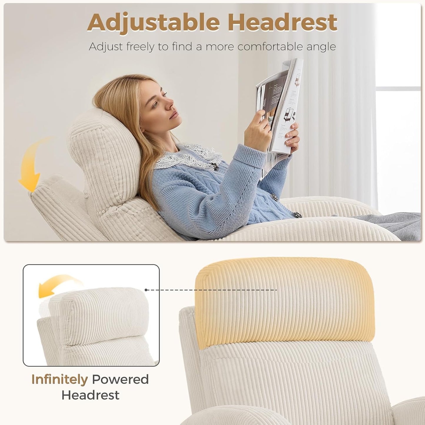 Dual Motors Power Recliner with Adjustable Headrest, Electric Swivel Rocker Recliner for Nursery, Glider Reclining Rocking Nursery Chairs for Small Space, Living Room, Bedroom, Chenille Cream White
