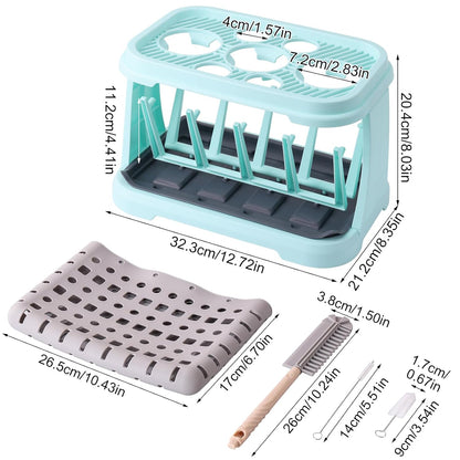 Baby Bottle Drying Rack，Travel Baby Bottle Drying Rack Set, Cleaner Kit with Silicone Bottle Brush,Straw Brush, Suitable for Home use or Traveling with Babies (Coffee Color)