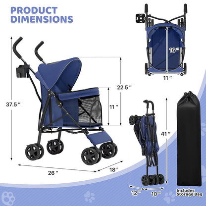 Magshion Compact Pet Stroller for Small-Medium Dogs/Cats up to 22lbs, 4-Wheel Lightweight Umbrella Shaped Portable Puppy Travel Jogger with Breathable Mesh, Cup Holder & Rear Storage, Black