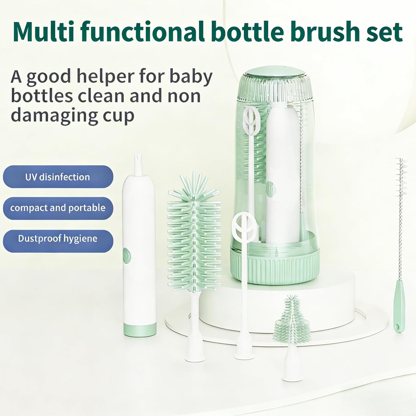 Portable Electric Silicone Bottle Brush Set, 7-in-1 UV LIGHT USB Charging, Nipple/Straw Cleaner, Milk Mixer, Built-in Drying Rack & Storage Case, BPA-Free, IPX7, On-the-Go for New Parents (Blush)