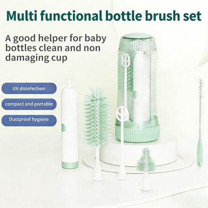 Portable Electric Silicone Bottle Brush Set, 7-in-1 UV LIGHT USB Charging, Nipple/Straw Cleaner, Milk Mixer, Built-in Drying Rack & Storage Case, BPA-Free, IPX7, On-the-Go for New Parents (Blush)