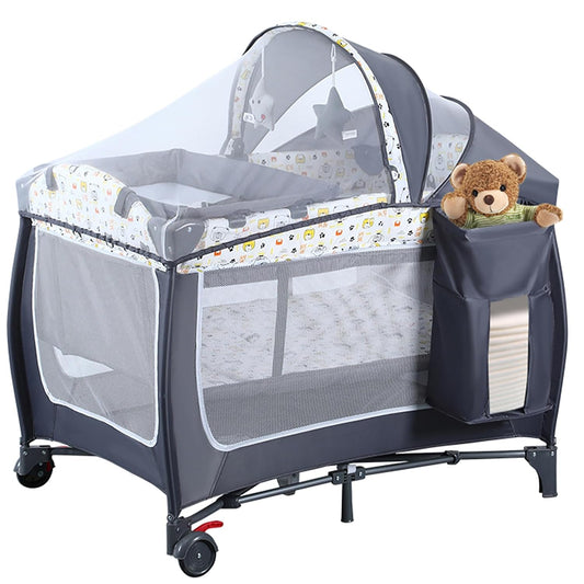 4 in 1 Pack and Play,Foldable Baby Playard with Changing Table,Travel Crib for Infants & Toddlers,Portable Playpen with Breathable Mesh,Wheels & Storage Bag,Grey