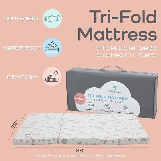 Babylicious Waterproof Pack and Play Mattress Topper | 38" x 26" x 1.5" | Trifold Style - Breathable Soft Plush Foam - Portable Mattress Topper- Baby Foam Mattresses for Babies