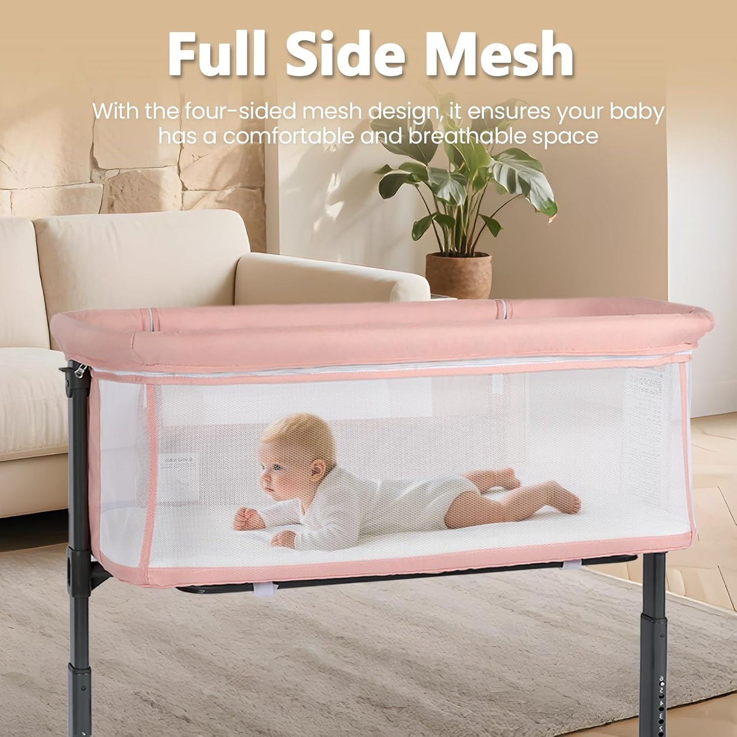 Kinder King Baby Bassinet Bedside Sleeper, Newborn Baby Bedside Crib w/Wheels, All-Sided Mesh, Adjustable Height, Removable Soft Mattress, No Tool to Assemble, Grey