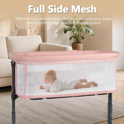 Kinder King Baby Bassinet Bedside Sleeper, Newborn Baby Bedside Crib w/Wheels, All-Sided Mesh, Adjustable Height, Removable Soft Mattress, No Tool to Assemble, Grey