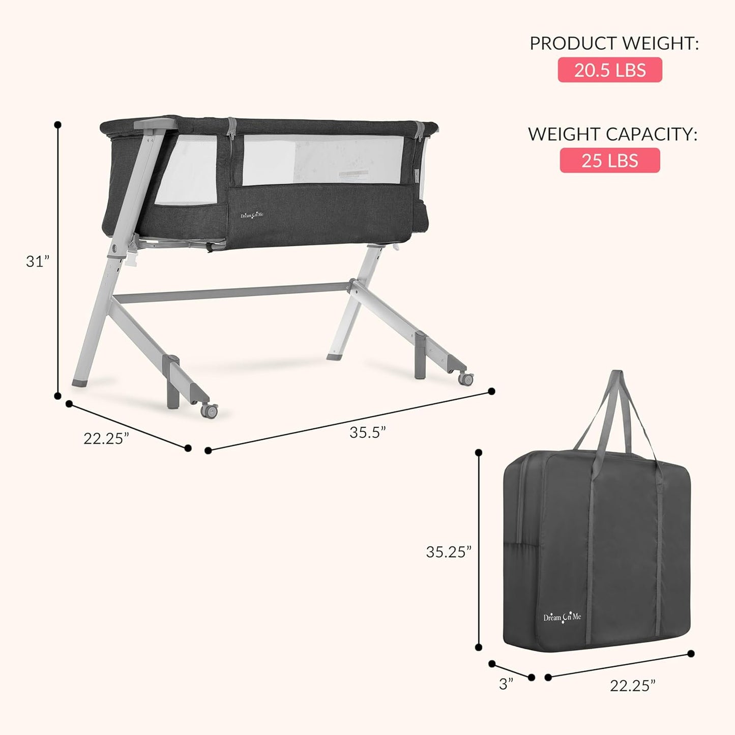 Dream On Me Skylar Bassinet and Bedside Sleeper, Adjustable Heights, Breathable Mesh Sides, Plush Mattress Pad, Wheels with Safety Locks & Tool-Free Assembly, Compact Fold & Travel Bag - Pink