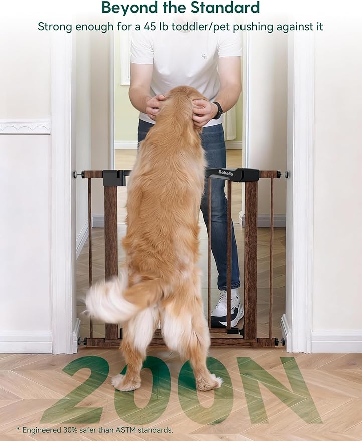 Babelio Metal Auto Close Baby Gate PressGuard, 29"-55" Extra Wide Pet Gate for The House and Doorways, Pressure Mounted Walk Thru Child Gate with Door, Black Wood Pattern, 30" Tall