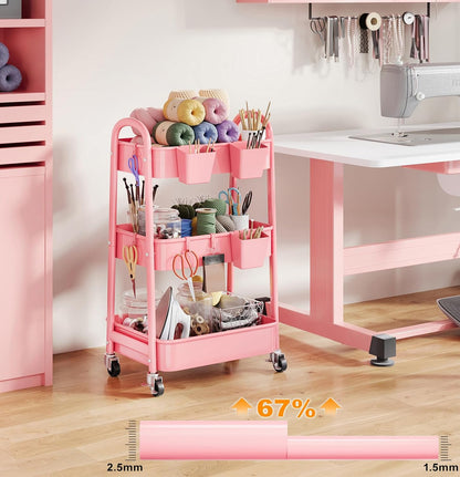 Beige 3 Tier Rolling Cart Metal on Wheels, Three Tiered Storage Organizer Utility Trolley with Wheels for Art, Craft, Baby Diaper Caddy, Snack, Book, Nail, Lash, Cleaning Supplies, Kitchen, Bathroom