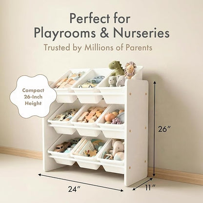 Humble Crew Toy Storage Organizer with 9 Removable Storage Bins for Kids Playroom, 3-Tier Toddler Toy Organization and Storage, White/White