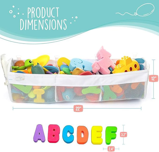 Comfylife Large Bath Toy Organizer with Letters and Numbers – 3 Compartment Bath Toy Holder for Bathtub & Shower – Quick-Dry Mesh with 4 Strong Adhesive Hooks