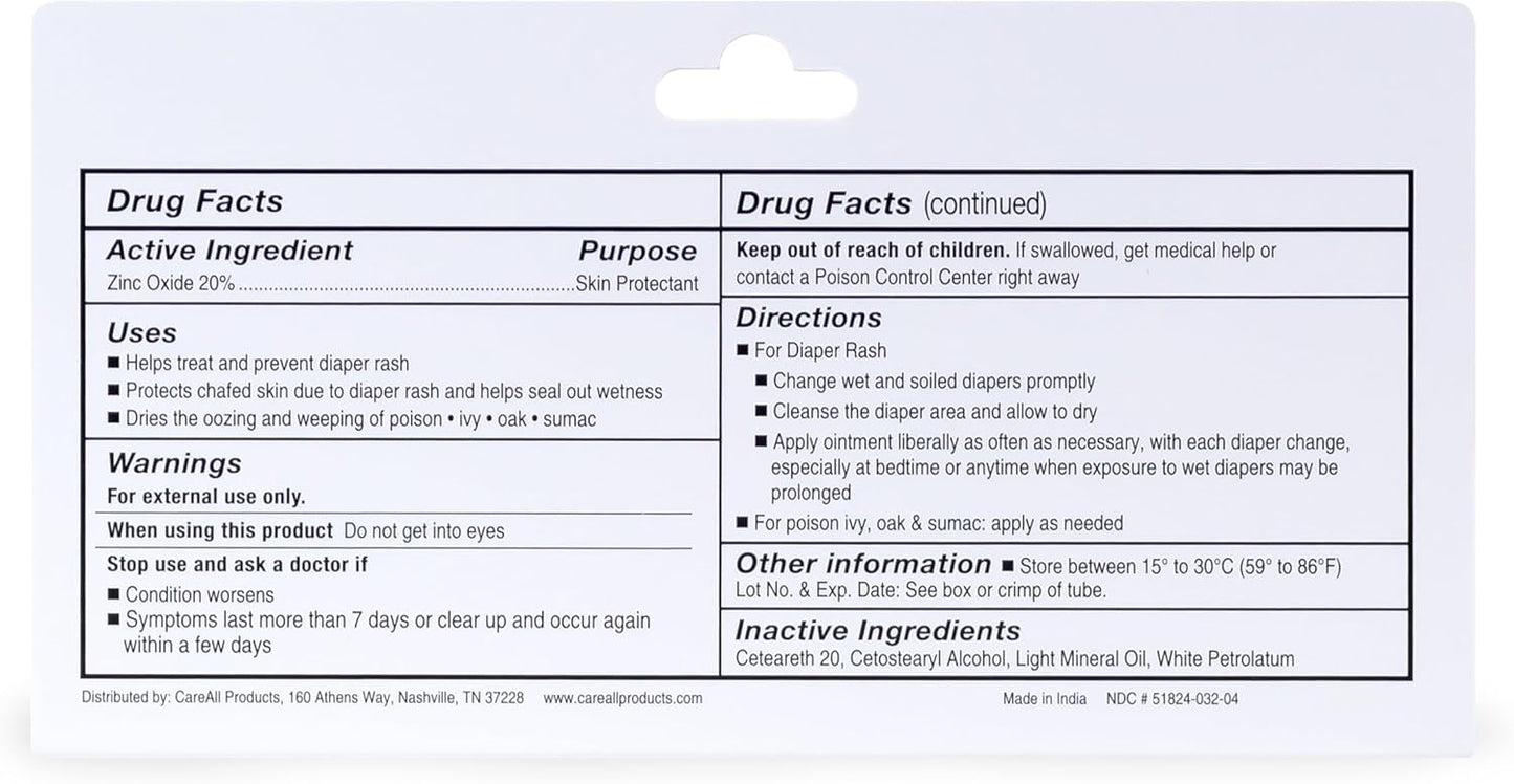 CareAll Zinc Oxide 20% Skin Protectant Barrier Ointment 2 oz, Relieves, Treats and Prevents Minor Skin Irritations due to Diaper Rash. Helps Seal Out Wetness. Protects Chafed Skin.