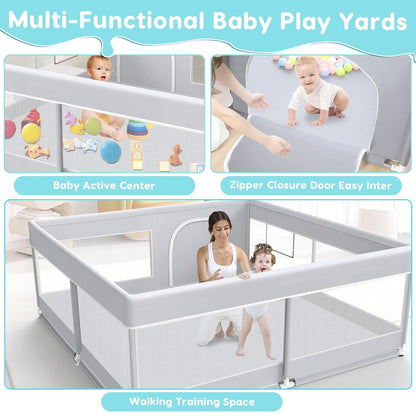 Fshibila Baby Playpen, 50x50 Inch Baby Playard for Babies and Toddlers, Play Pens for Indoor & Outdoor, Sturdy Safety Play Yard with Soft Breathable Mesh, Anti-Fall, Grey