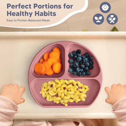 Baby Suction Plates and Bowls Set - 100% Food Grade Silicone Toddler Feeding Supplies for BLW | Stay-Put Divided Dish | Includes Bonus Bib, Cup & Soft Spoon/Fork (6-Piece)