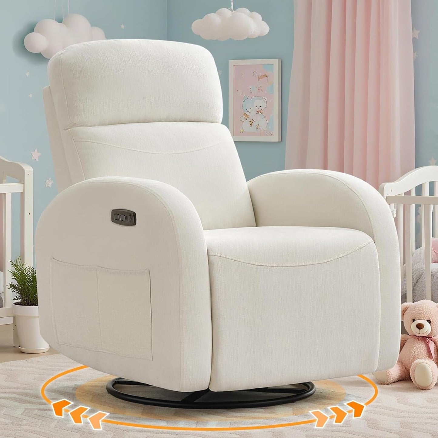 Swivel Rocker Recliner Chair, Rocking Recliner for Nursery with Side Pockets, Manual Swivel Reclining Nursery Glider Chair for Breastfeeding Living Room, Camel Chenille