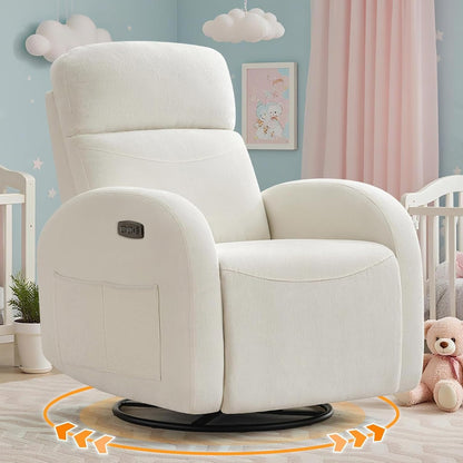 Swivel Rocker Recliner Chair, Rocking Recliner for Nursery with Side Pockets, Manual Swivel Reclining Nursery Glider Chair for Breastfeeding Living Room, Camel Chenille