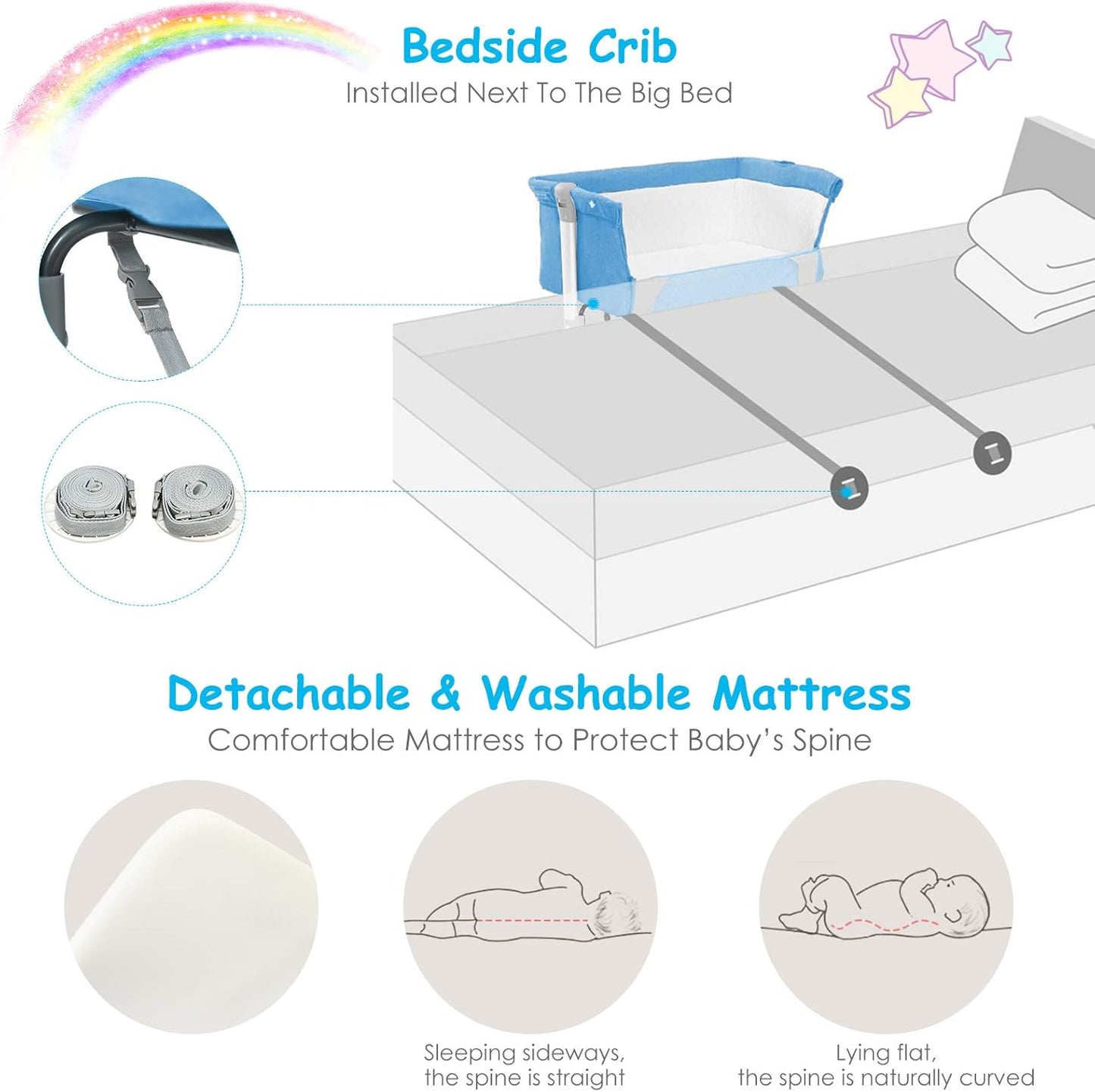 BABY JOY Baby Bedside Crib, Portable Travel Sleeper Bed Side Bassinet w/Carrying Bag, Newborn Bassinet to Infant, Kids Crib with Detachable Mattress, Height Adjustable Design, Breathable Mesh, Grey