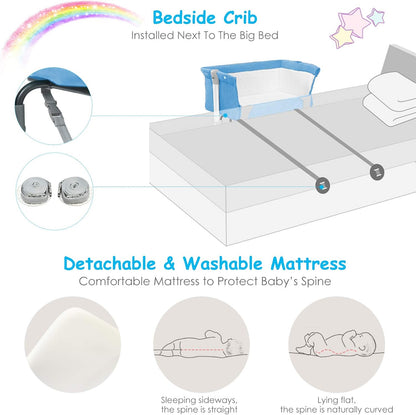 BABY JOY Baby Bedside Crib, Portable Travel Sleeper Bed Side Bassinet w/Carrying Bag, Newborn Bassinet to Infant, Kids Crib with Detachable Mattress, Height Adjustable Design, Breathable Mesh, Grey