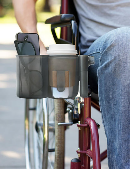 Universal Stroller Cup Holder with Phone Holder, 360° Rotatable Strong Clip, Big Storage Space for Walker, Wheelchair, Stroller, Bike