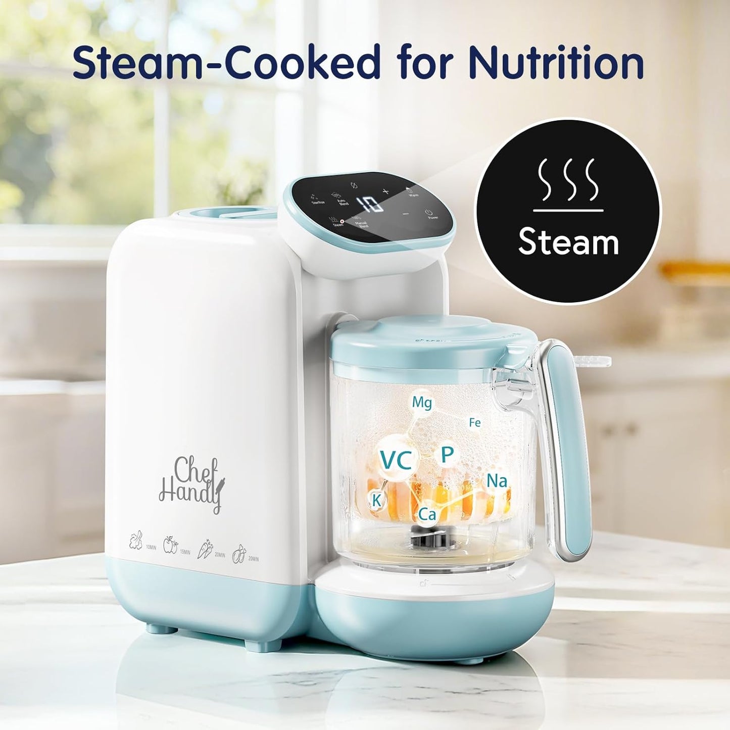Chefhandy Baby Food Maker, Steamer & Blender with Stainless Steel Basket, Puree Maker with Auto/Manual Blend, Bottle Warmer & Sterili-zer, Safe & Easy-to-Clean Compact Baby Food Processor (Yellow)