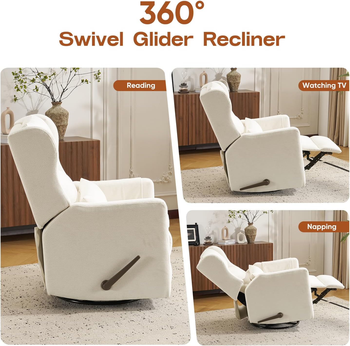 Power Recliner Chair Swivel Glider with Adjustable Headrest，Oversized Swivel Rocker Recliner with Lumbar Support, Upholstered Nursery Glider Recliner for Living Room,White