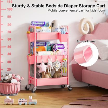 Beige 3 Tier Rolling Cart Metal on Wheels, Three Tiered Storage Organizer Utility Trolley with Wheels for Art, Craft, Baby Diaper Caddy, Snack, Book, Nail, Lash, Cleaning Supplies, Kitchen, Bathroom