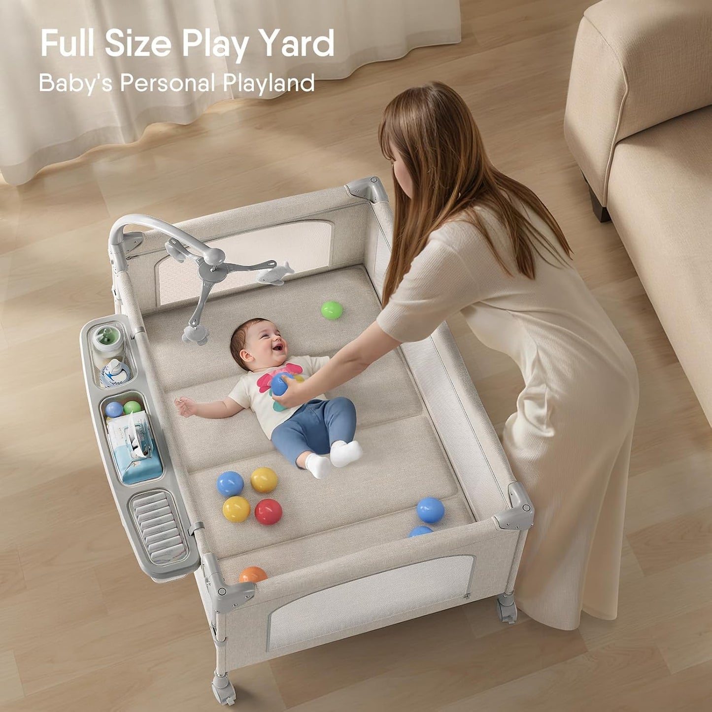 TinyGlow 4 in 1 Baby Bassinet, Pack and Play, Bedside Crib Sleeper, Diaper Changer, Quickly Assembled and Folded Portable Crib with Mattress and Mosquito Net, Easy to Carry