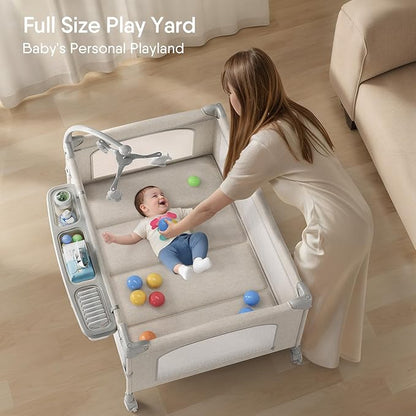 TinyGlow 4 in 1 Baby Bassinet, Pack and Play, Bedside Crib Sleeper, Diaper Changer, Quickly Assembled and Folded Portable Crib with Mattress and Mosquito Net, Easy to Carry