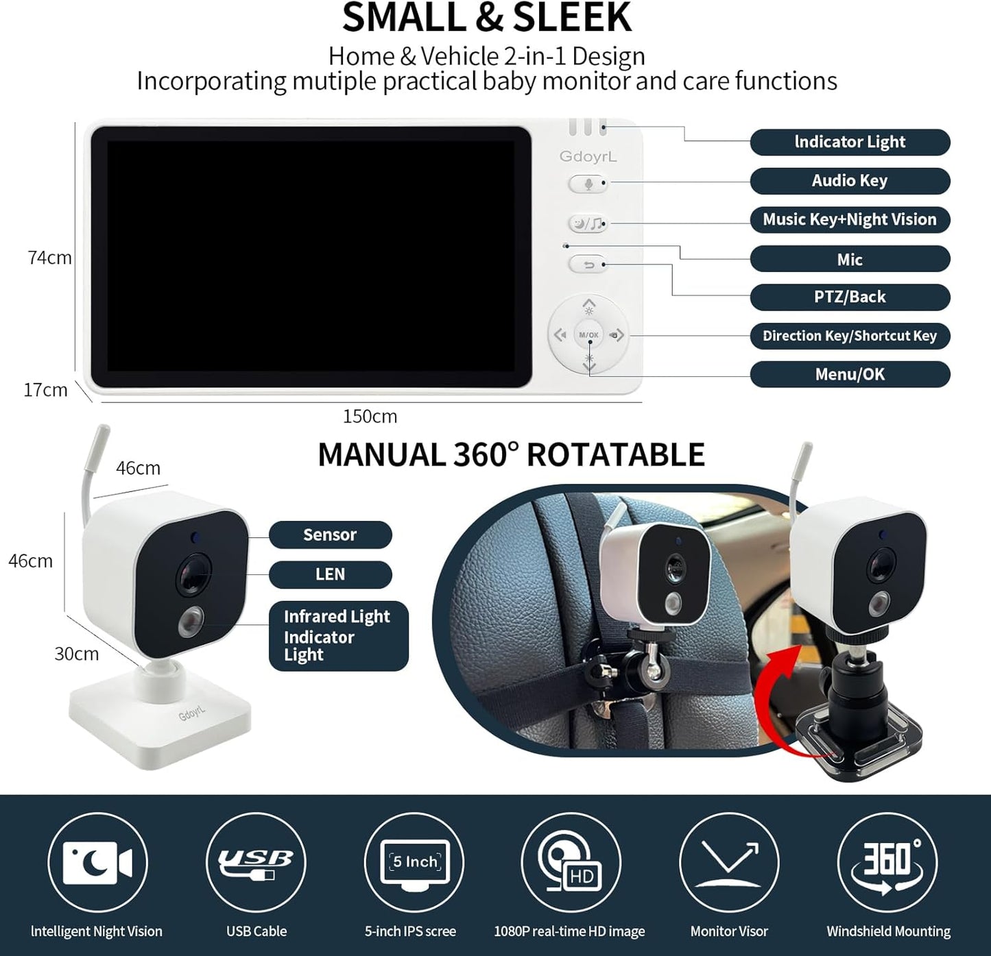Wireless Baby Car Camera with 5-inch HD 1080P IPS, USB-Powered 360° Rotating Rear Seat Monitor (1000 ft)Auto/Manual Night Vision & VOX Mode, HD Display for Car Backseat Home Baby Pet (White A)