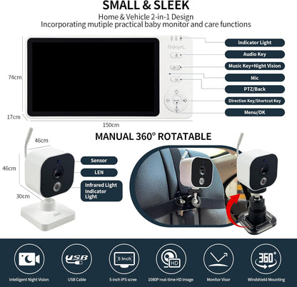 Wireless Baby Car Camera with 5-inch HD 1080P IPS, USB-Powered 360° Rotating Rear Seat Monitor (1000 ft)Auto/Manual Night Vision & VOX Mode, HD Display for Car Backseat Home Baby Pet (White A)