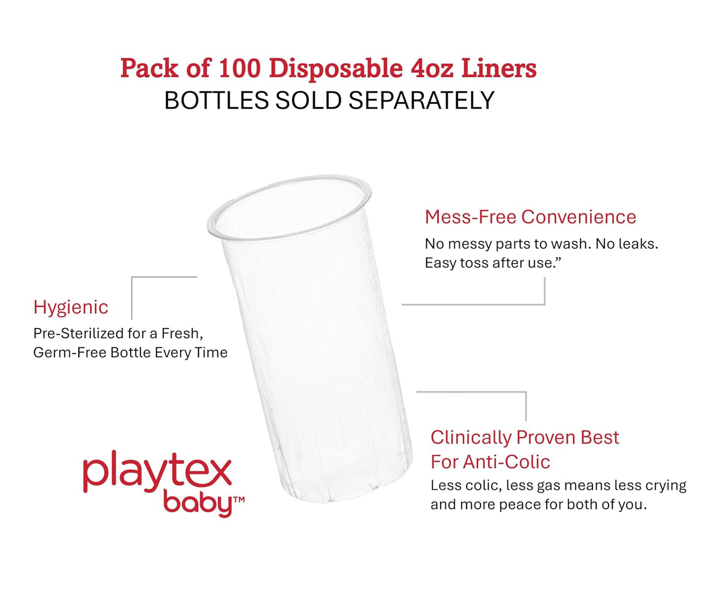 Playtex Baby Anti-Colic Nurser Bottles with Pre-Sterilized Disposable Drop-Ins Liners, 4 Oz Bottles (3 Count), Includes Slow Flow Nipples for Newborn and Breastfeeding Babies, Feeding Essentials