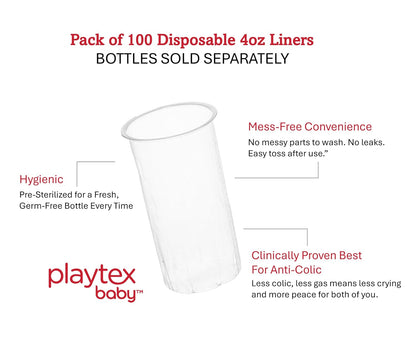 Playtex Baby Anti-Colic Nurser Bottles with Pre-Sterilized Disposable Drop-Ins Liners, 4 Oz Bottles (3 Count), Includes Slow Flow Nipples for Newborn and Breastfeeding Babies, Feeding Essentials