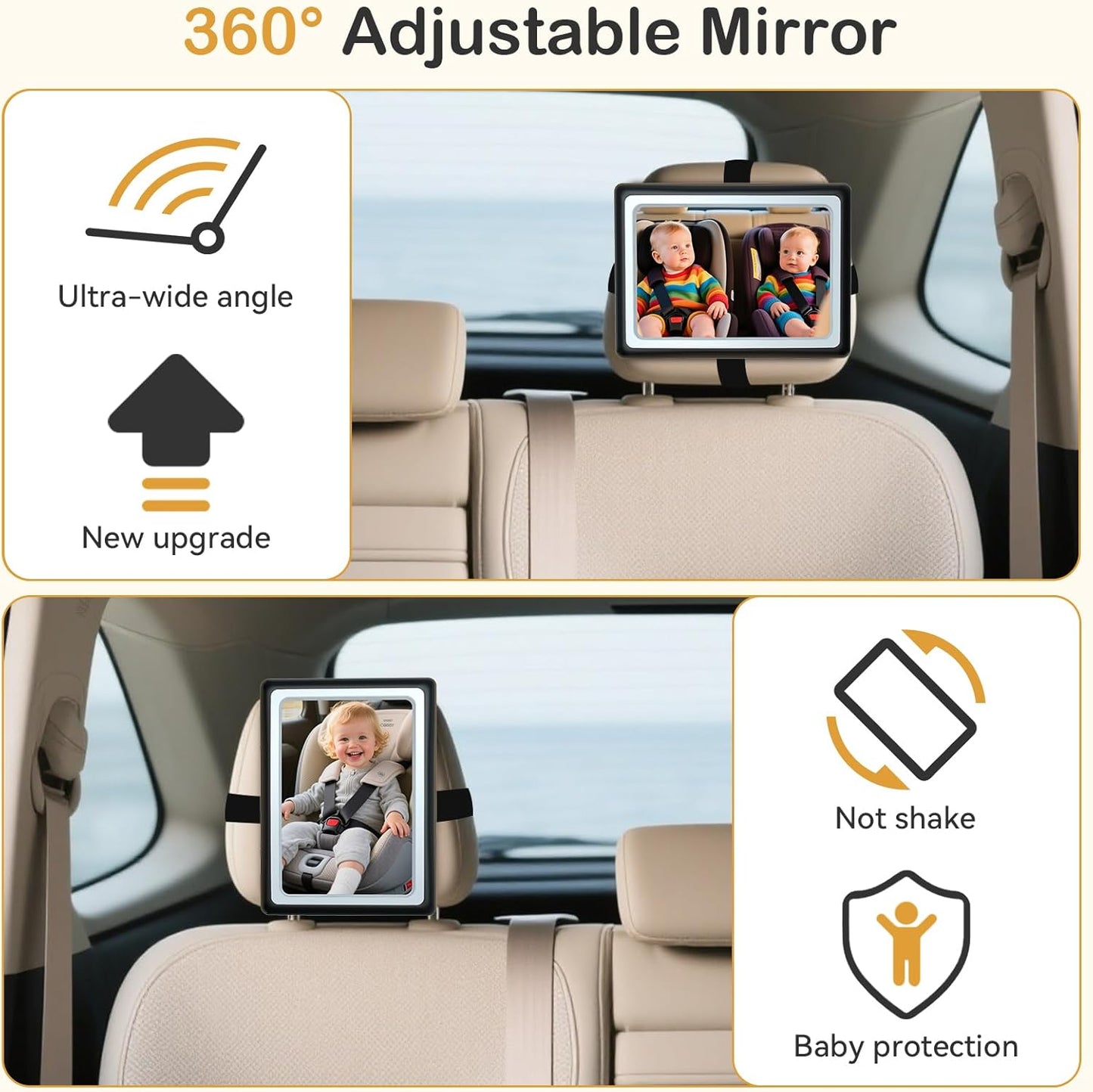 Baby Car Mirror with Light - Remote Control, 360° Adjustable, Shatter Resistant Car Seat Mirror - Clear Night Vision, Easy Installation for Rear Facing Infants