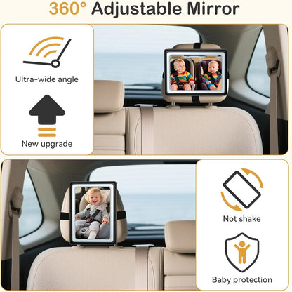 Baby Car Mirror with Light - Remote Control, 360° Adjustable, Shatter Resistant Car Seat Mirror - Clear Night Vision, Easy Installation for Rear Facing Infants