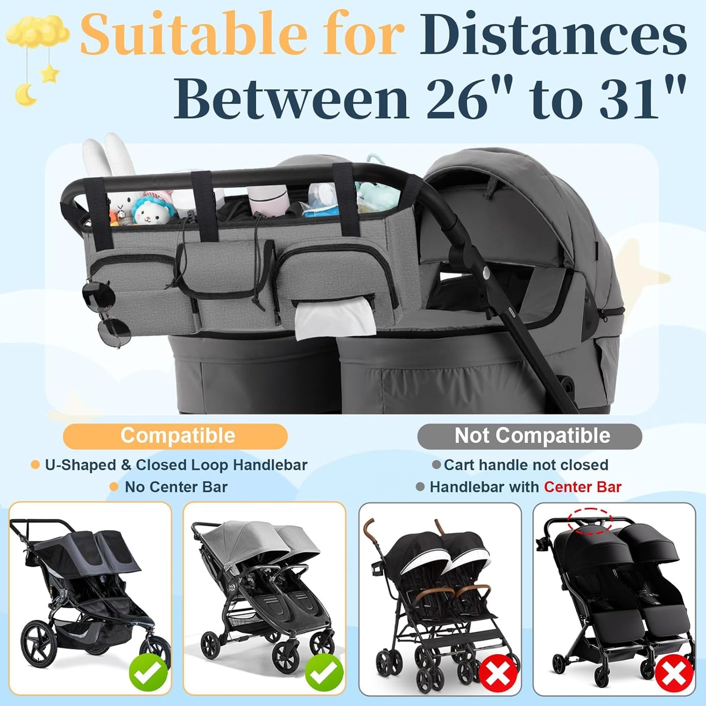 GDNasist Double Stroller Organizer Compatible with Bob Duallie and Baby Jogger City Mini GT2, Double Baby Stroller Accessories with Cooler Bag, Parent Console Double Jogging Stroller Caddy, Black