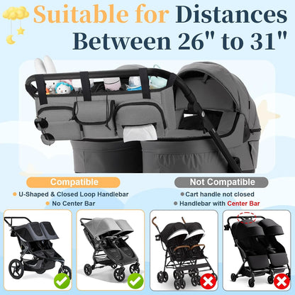 GDNasist Double Stroller Organizer Compatible with Bob Duallie and Baby Jogger City Mini GT2, Double Baby Stroller Accessories with Cooler Bag, Parent Console Double Jogging Stroller Caddy, Black