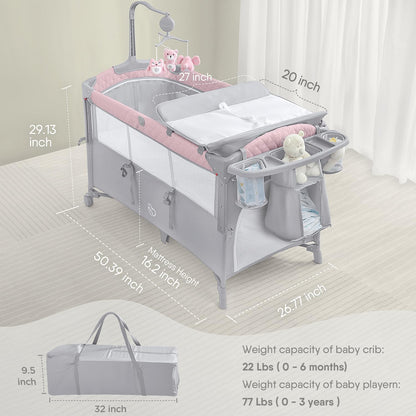 ADOVEL Baby Bassinet Bedside Crib, Pack and Play with Mattress, Diaper Changer and Playards from Newborn to Toddles, Pink