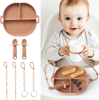 Baby Feeding Set with Silicone Divided Plate, Toy Straps, Spoon Tether, Cup Holder Strap, Anti Drop Toddler Mealtime Set for Baby Led Weaning-Blush