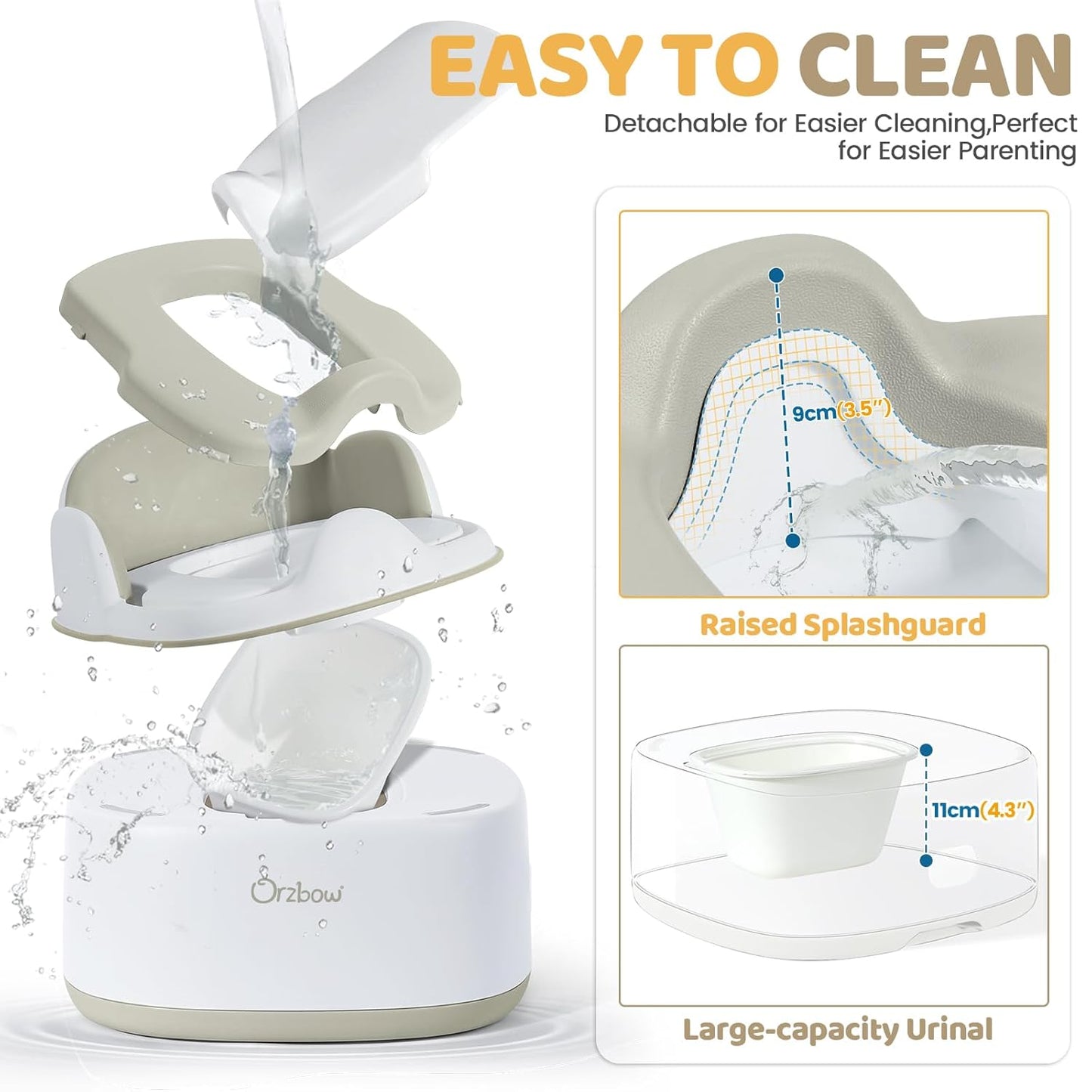 Orzbow 3-in-1 Toddler Potty Training Toilet | Baby Potty Chair, Toilet Topper Training Seat and Step Stool for Boys and Girls, Easy-to-Clean with Splash Guard and Lid, Grey