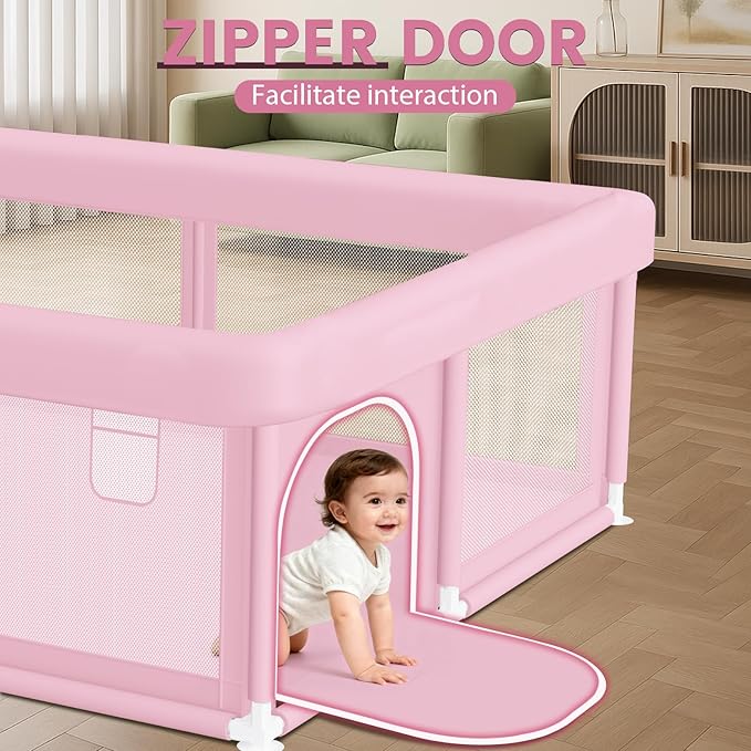 Hiaksedt Large Baby Playpen 50"x50" Baby Girl Play Pen for Babies and Toddlers, Safe Structure and Soft, Skin-Friendly Fabric with Zipper Gates Pink