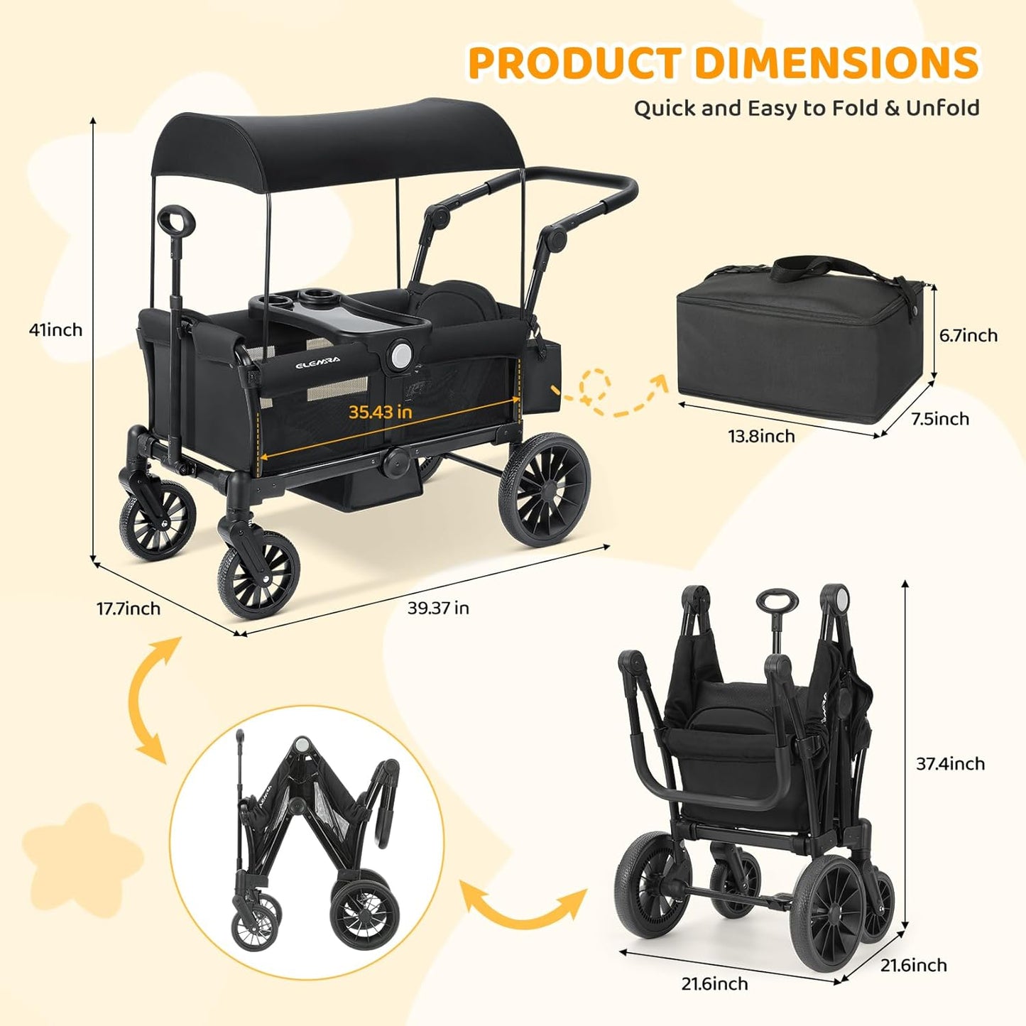 ELEMARA Stroller Wagon, 2 Seat Stroller for 2 Kids, Premium All Terrain Stroller for Kids w/Removable Canopy, Adjustable Push/Pull Handle, Large Storage Bag, Black