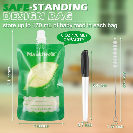 Maxcheck 103 Pcs Refillable Baby Food Pouches Maker Set Include 100 Pcs Portable Fruit Puree Pouch Storage Bags, Baby Food Maker, Pen and Brush for Babies Kids Toddlers