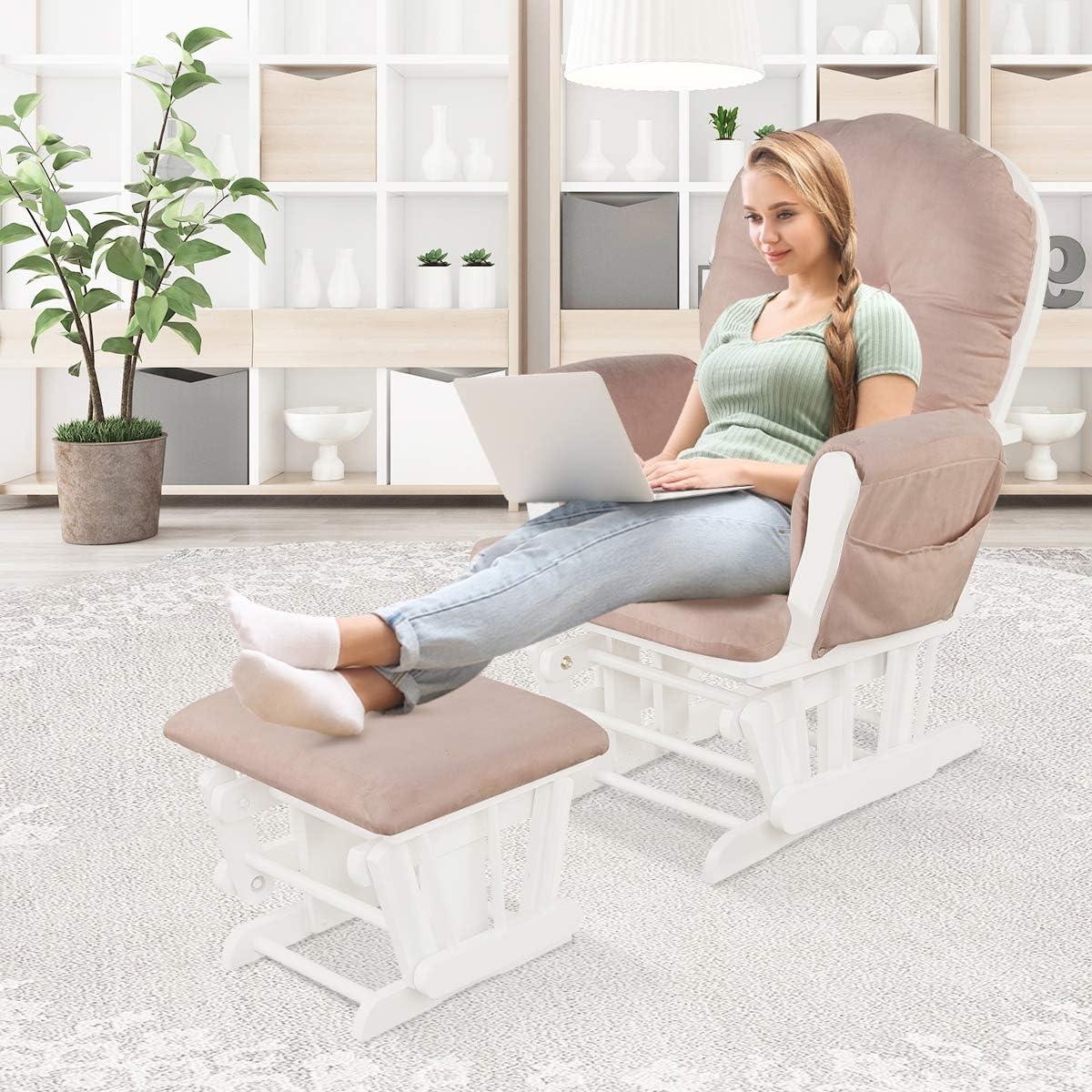 Costzon Nursery Glider with Ottoman, Upholstered Comfort Glider Rocker with Padded Cushion, Storage Pocket, Solid Wood Base, Rocking Chair Nursery for Breastfeeding, Napping (Light Gray)